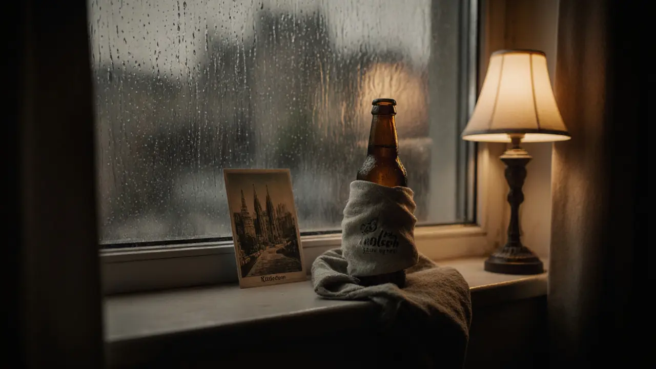A bottle of Kölsch beer wrapped in cloth on a windowsill with a postcard of Cologne in soft light.