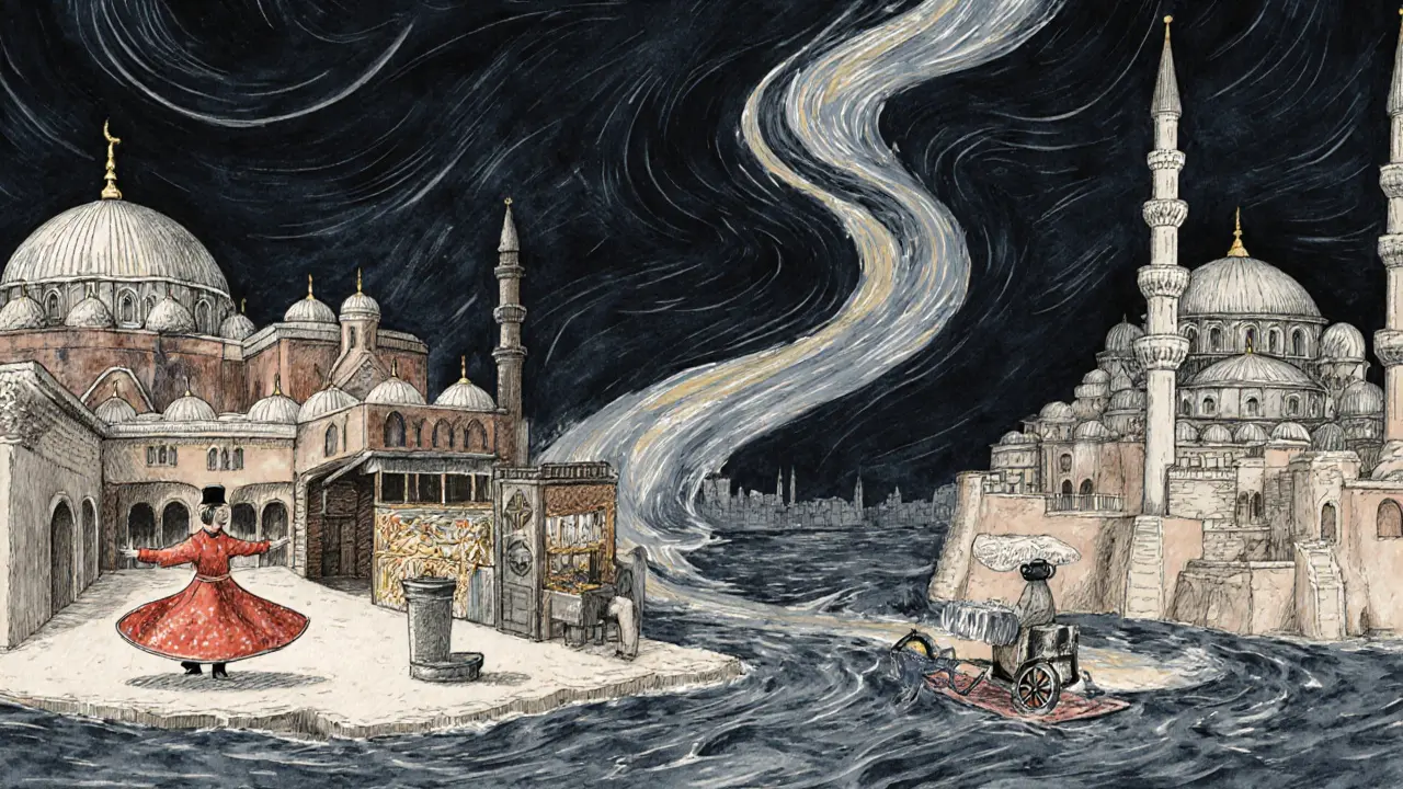 A dreamlike fusion of Istanbul’s historical and modern nightlife, layered in watercolor.