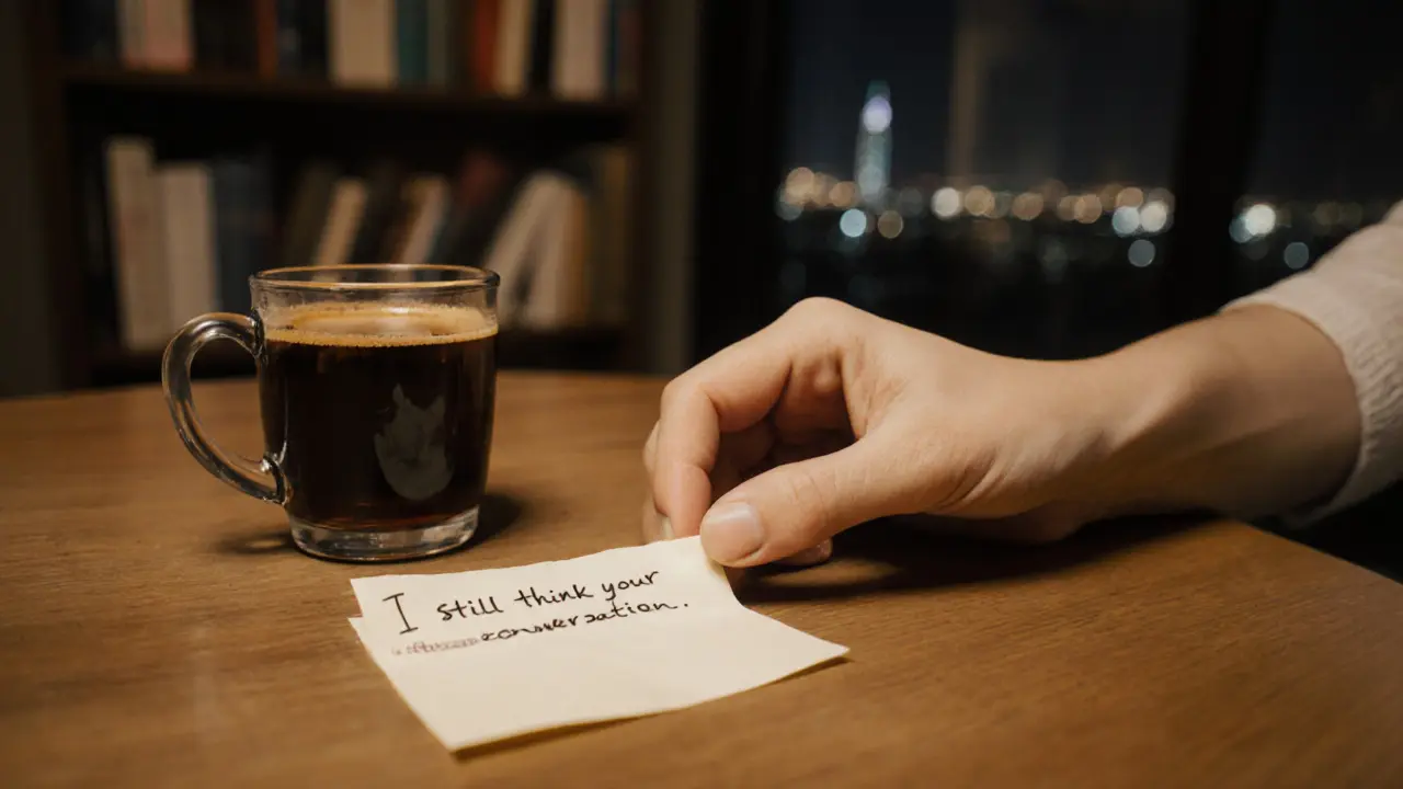 A handwritten note beside a cup of cardamom coffee on a wooden table.