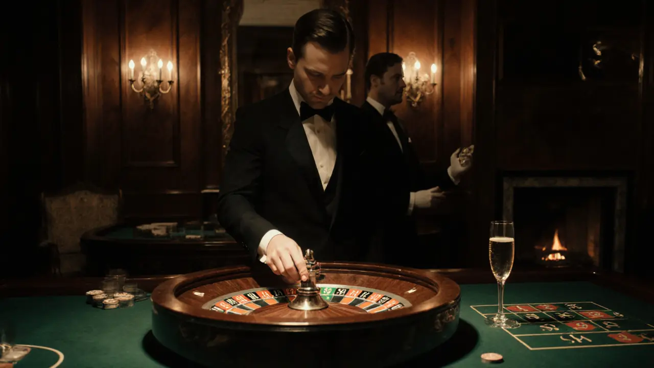 A lone gambler at The Ritz Club placing a high-stakes bet as a butler offers champagne in the shadows.