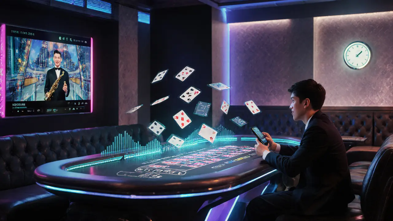 A player interacting with a live dealer stream and holographic bets at The Casino at The Londoner.