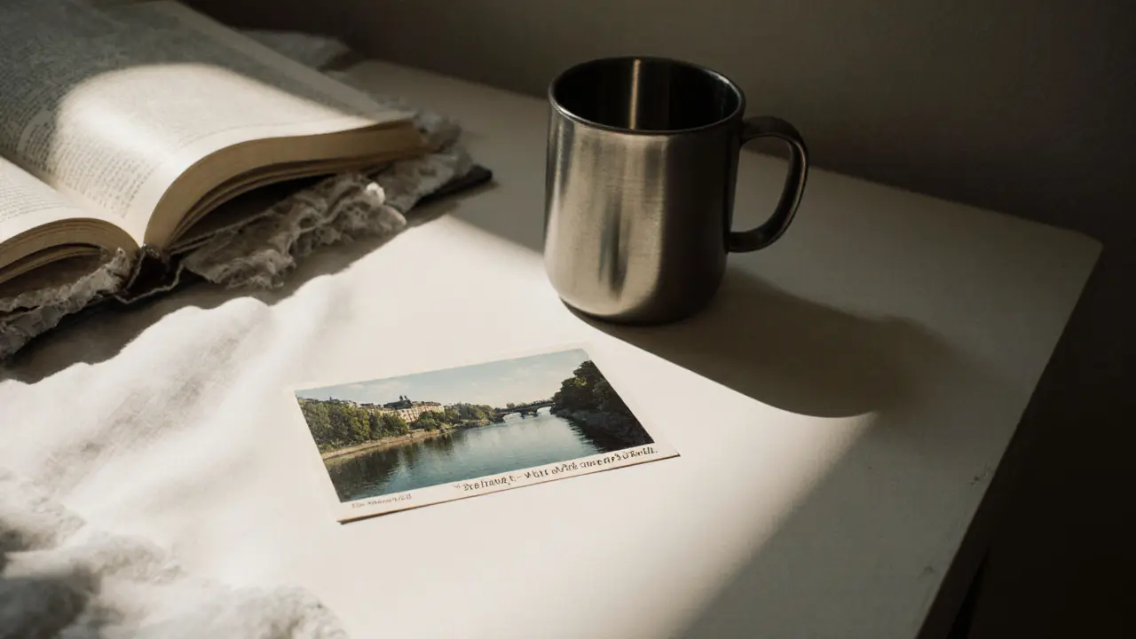 A postcard from Dresden on a nightstand beside a mug and open book, no words visible.