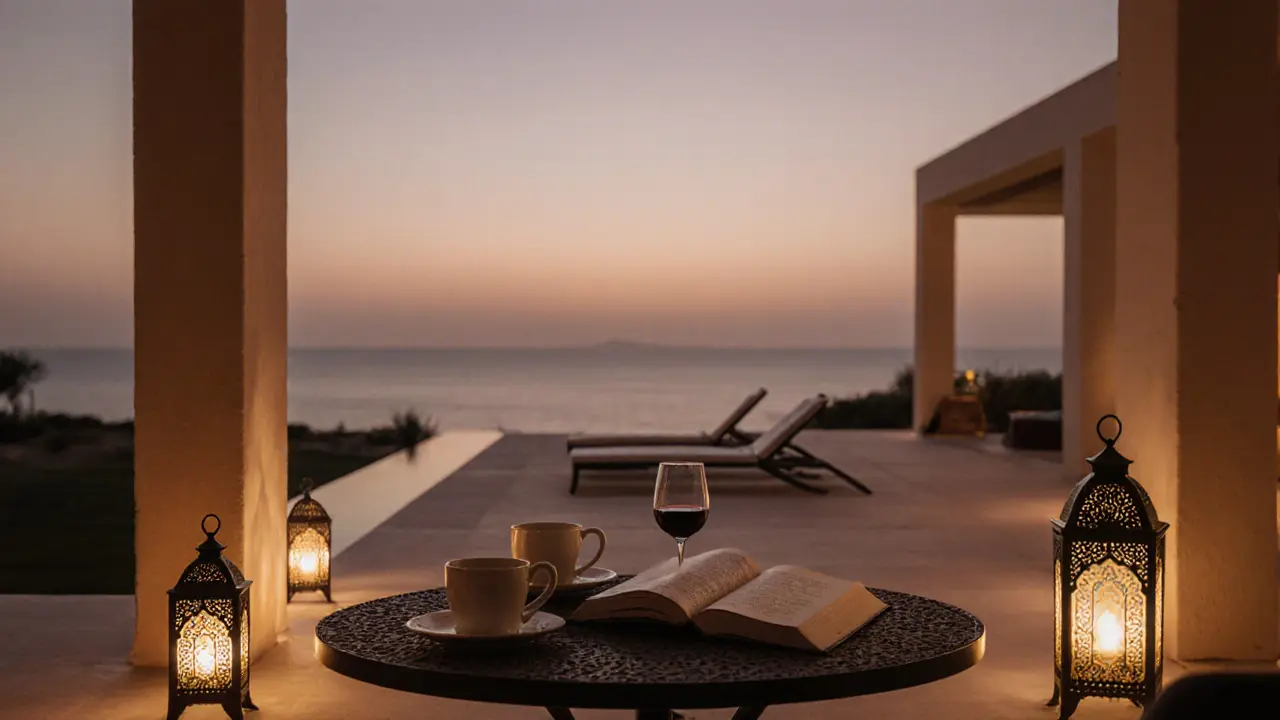 A private villa terrace in Abu Dhabi with Arabic coffee service and lantern light at dusk.