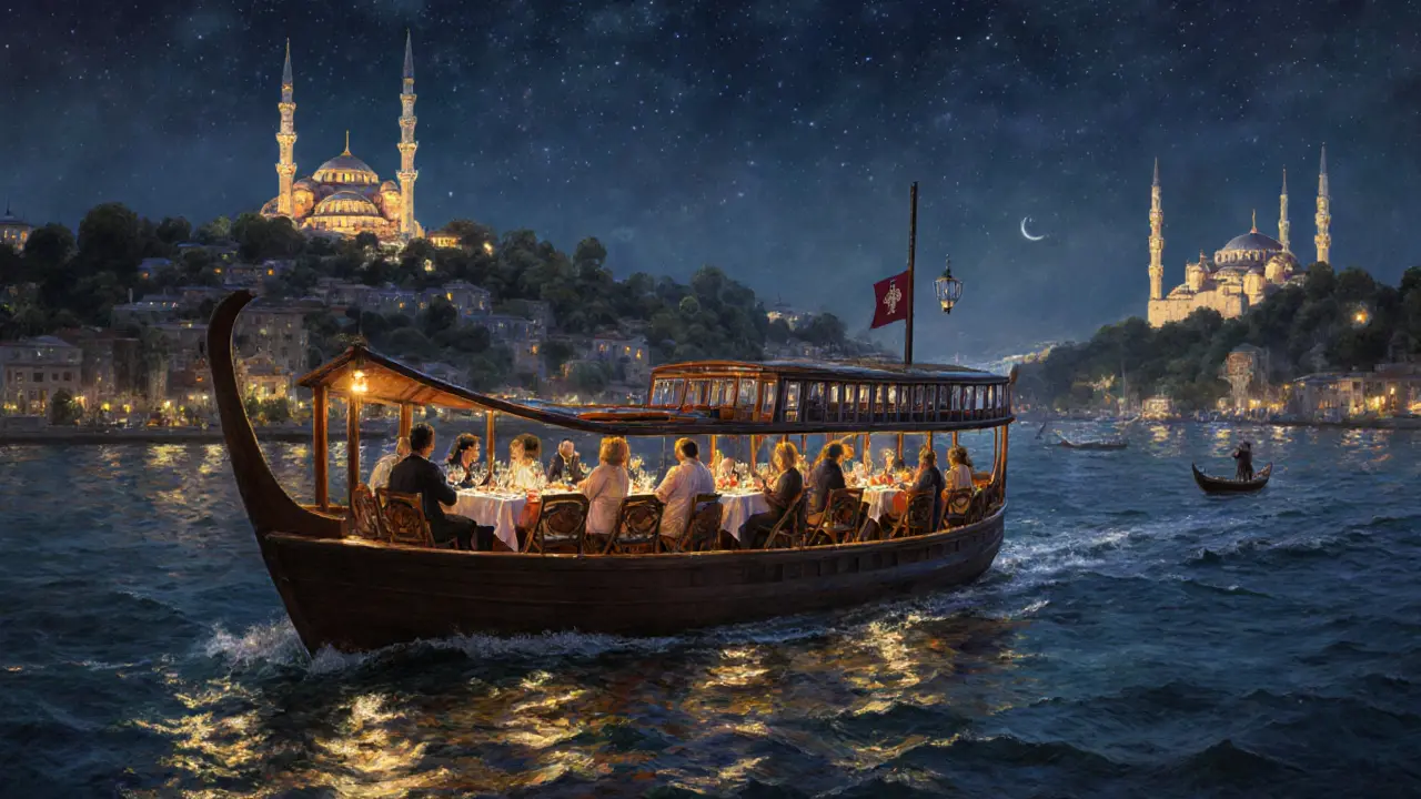 A traditional wooden boat on the Bosphorus at midnight, glowing palaces and stars above.