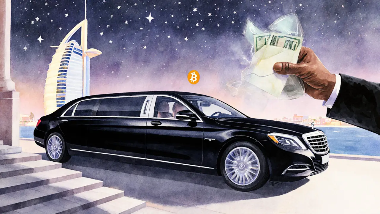 Black limousine stops at a luxury hotel as a hand passes a sealed envelope.