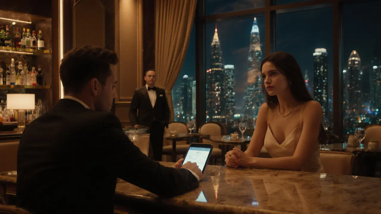 Couple in a luxurious hotel lounge, maintaining a discreet, safe atmosphere.