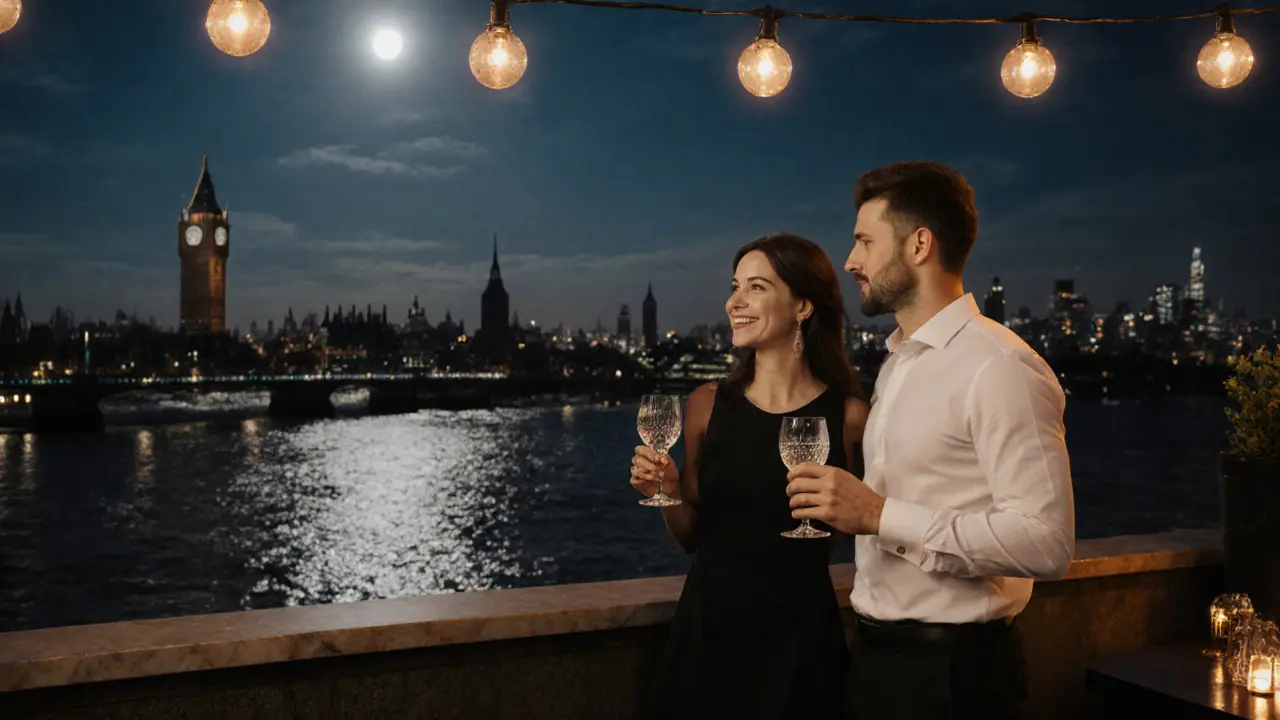 Couple on a rooftop bar at night, holding glasses with London skyline behind.