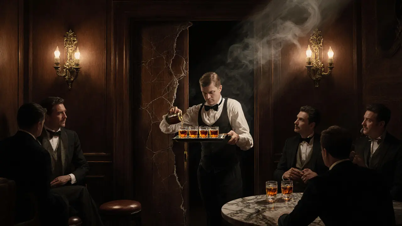 Dimly lit speakeasy hidden behind a faux pizzeria door, featuring a bartender serving bourbon.