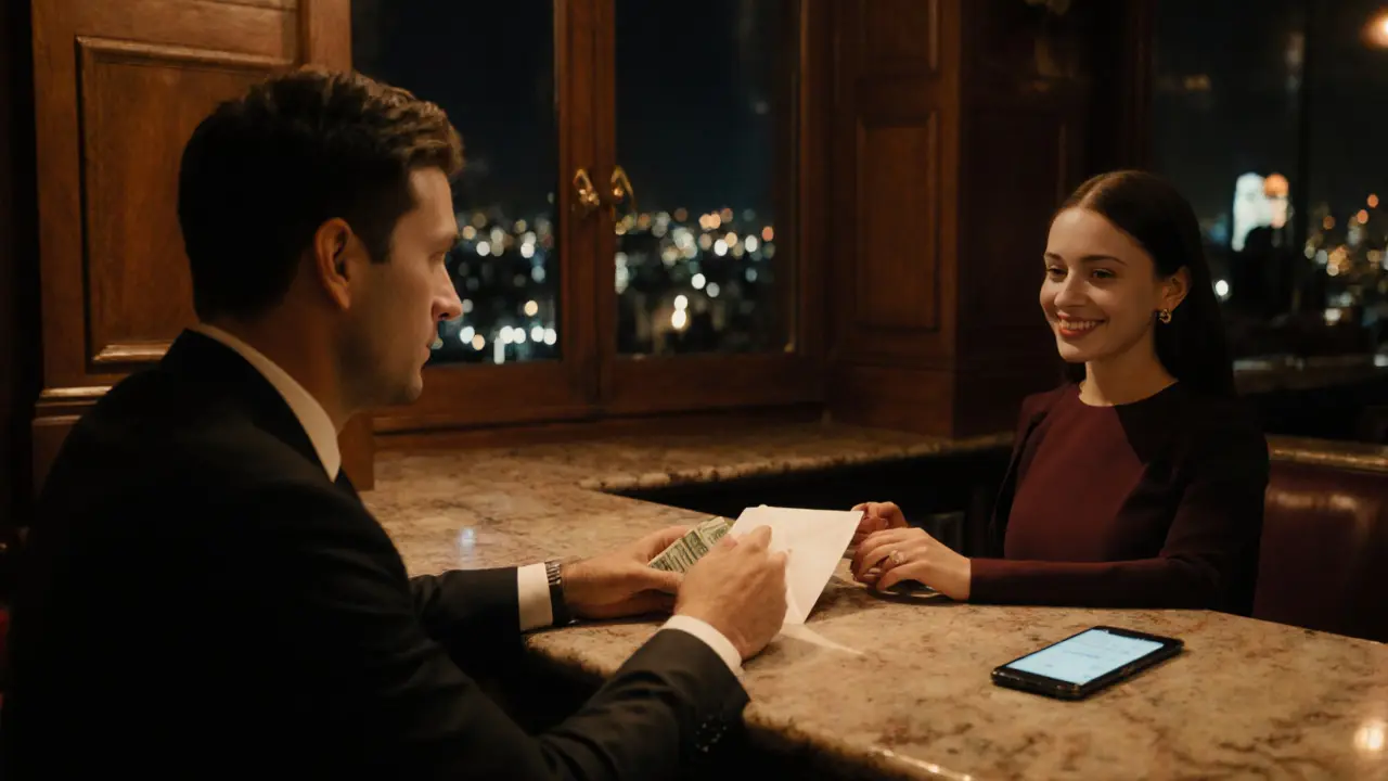 Elegant bar scene with a discreet cash exchange between a client and escort.