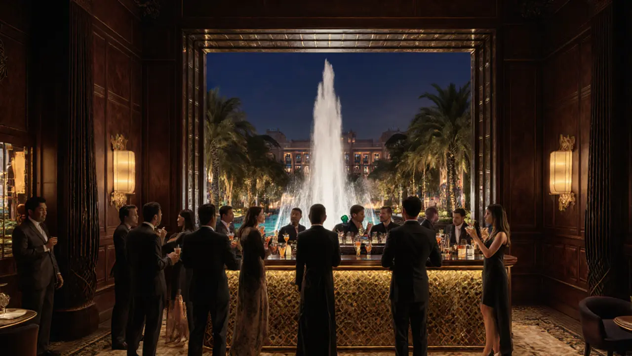 Elegant Hakkasan Abu Dhabi lounge with cocktail‑formal guests and a glowing fountain.