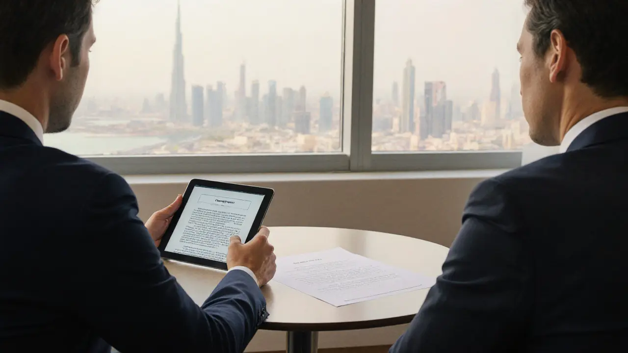 Escort and client reviewing a confidential agreement in a discreet setting.