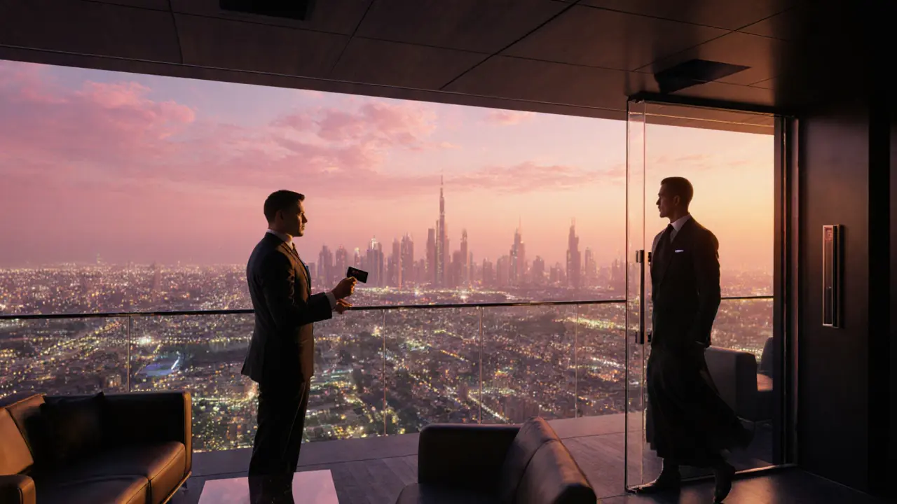 Escort guiding client into a VIP rooftop lounge with the Dubai skyline at sunset.