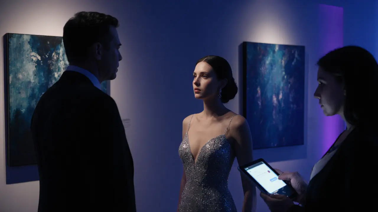 Escort in a silver gown converses with CEO at a stylish art gallery opening.