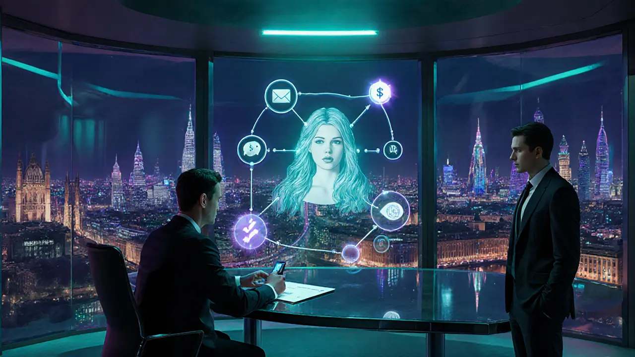 Futuristic office with holographic escort profile and neon tech displays overlooking London.