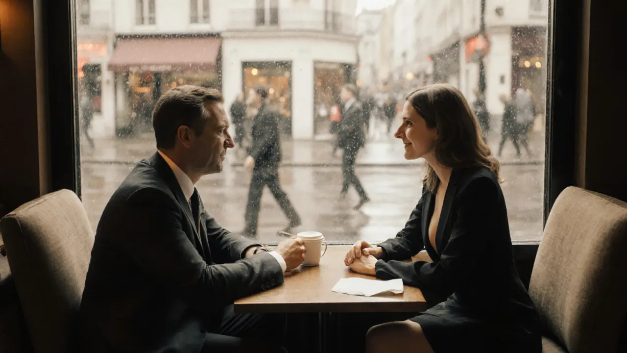 Gentle conversation between a client and escort in a cozy London café.