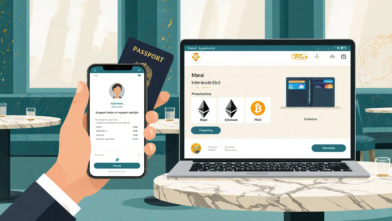 Hand holding passport beside a phone showing ID verification and crypto icons.