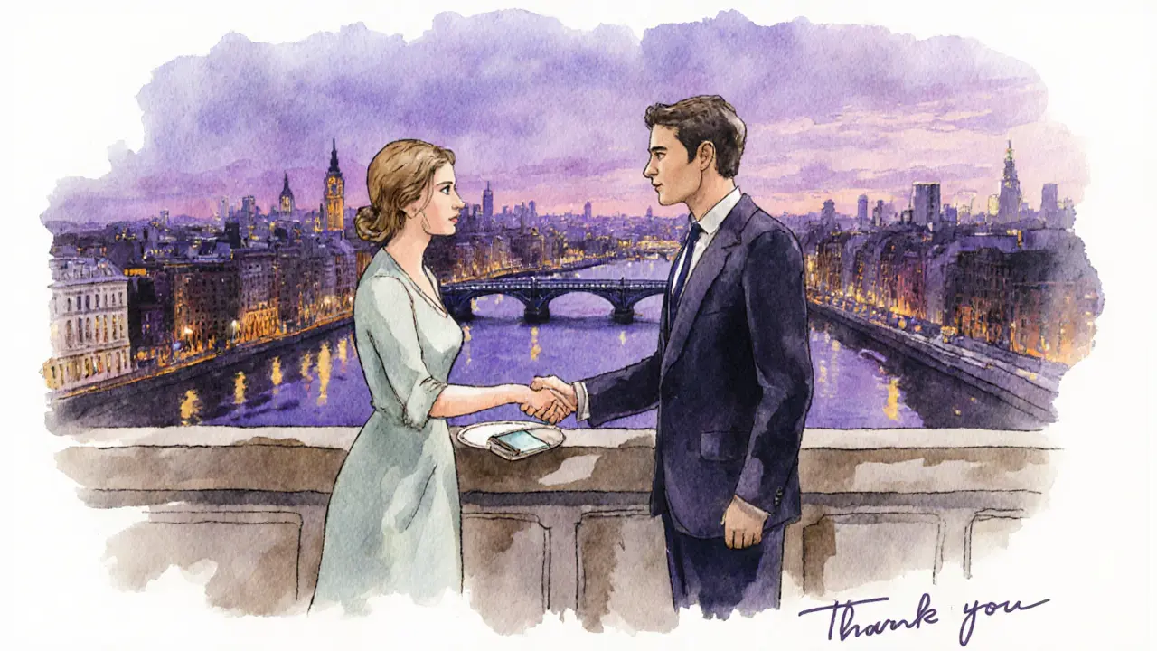 Handshake on a hotel terrace after dinner, hinting at continued connection.