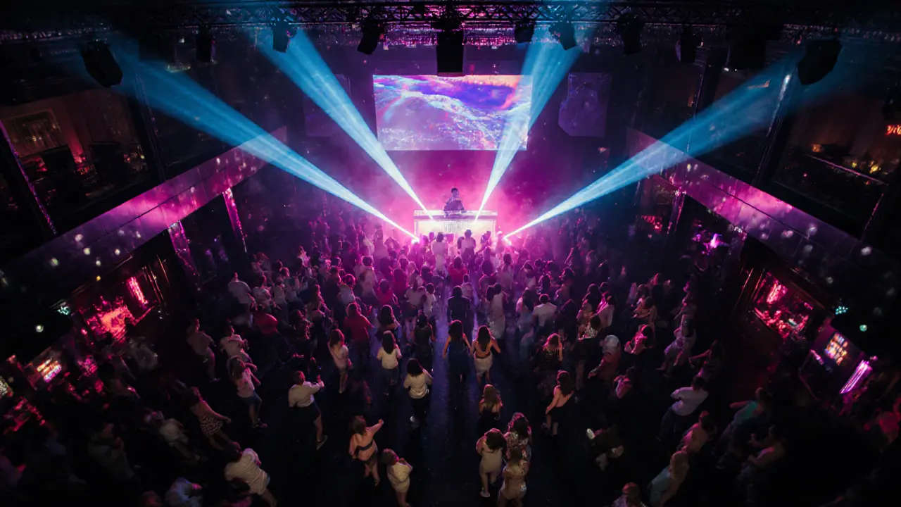 High‑angle view of Jimmy'z megaclub with laser lights and dancing crowd.