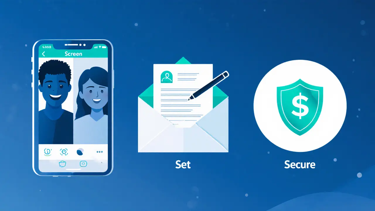 Illustration showing video call, contract, and encrypted wallet as safety steps.