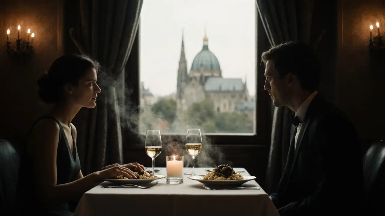 Intimate dinner at a upscale Berlin restaurant, candlelight reflecting off wine glasses and fine tableware.