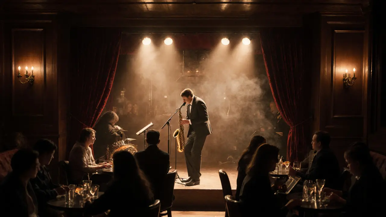Intimate jazz club interior with a saxophonist and small audience.