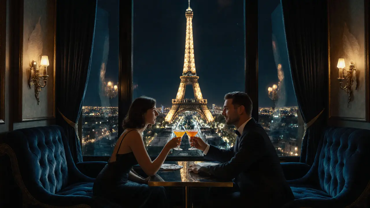 Luxurious L'Oiseau Blanc bar at the Ritz with feather décor and a clear view of the illuminated Eiffel Tower.