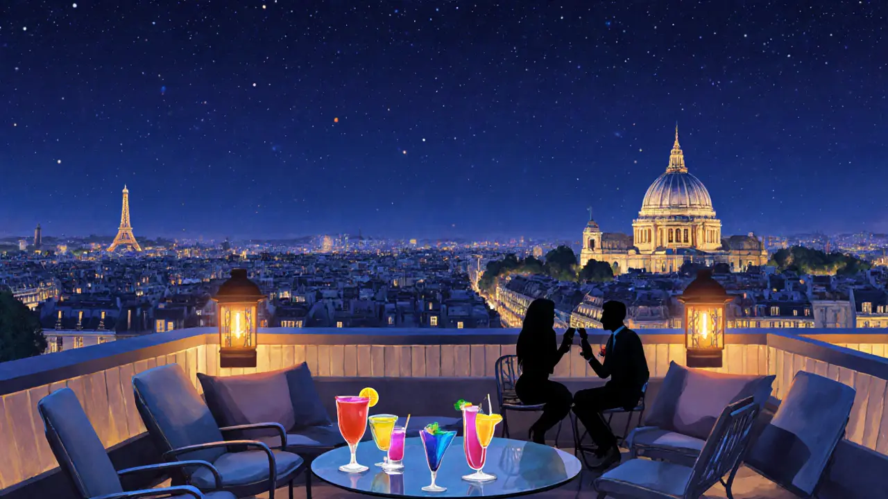 Nighttime rooftop bar overlooking Paris with Sacré‑Cœur illuminated and patrons enjoying cocktails.