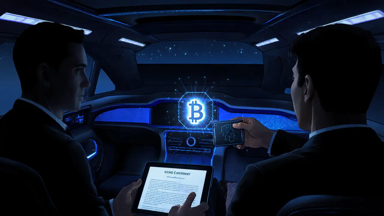 Noir‑style limousine interior showing encrypted contract on tablet and discreet crypto wallet exchange.
