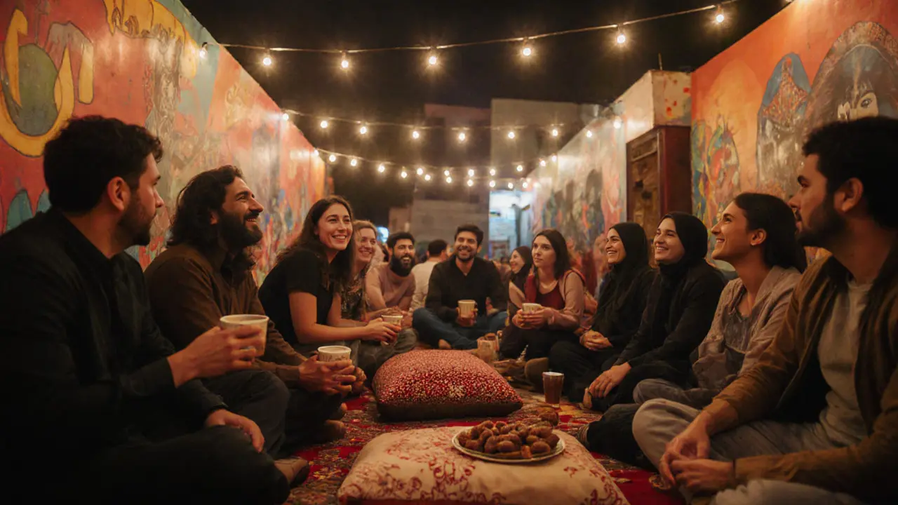 People share coffee and laughter with a poet under string lights in Abu Dhabi's Al Quoz Arts District.