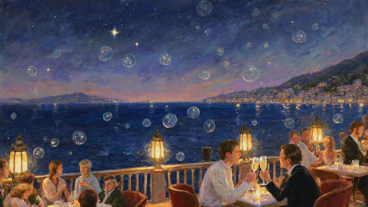 Rooftop bar Sass Café at night with couple drinking champagne and sea view.