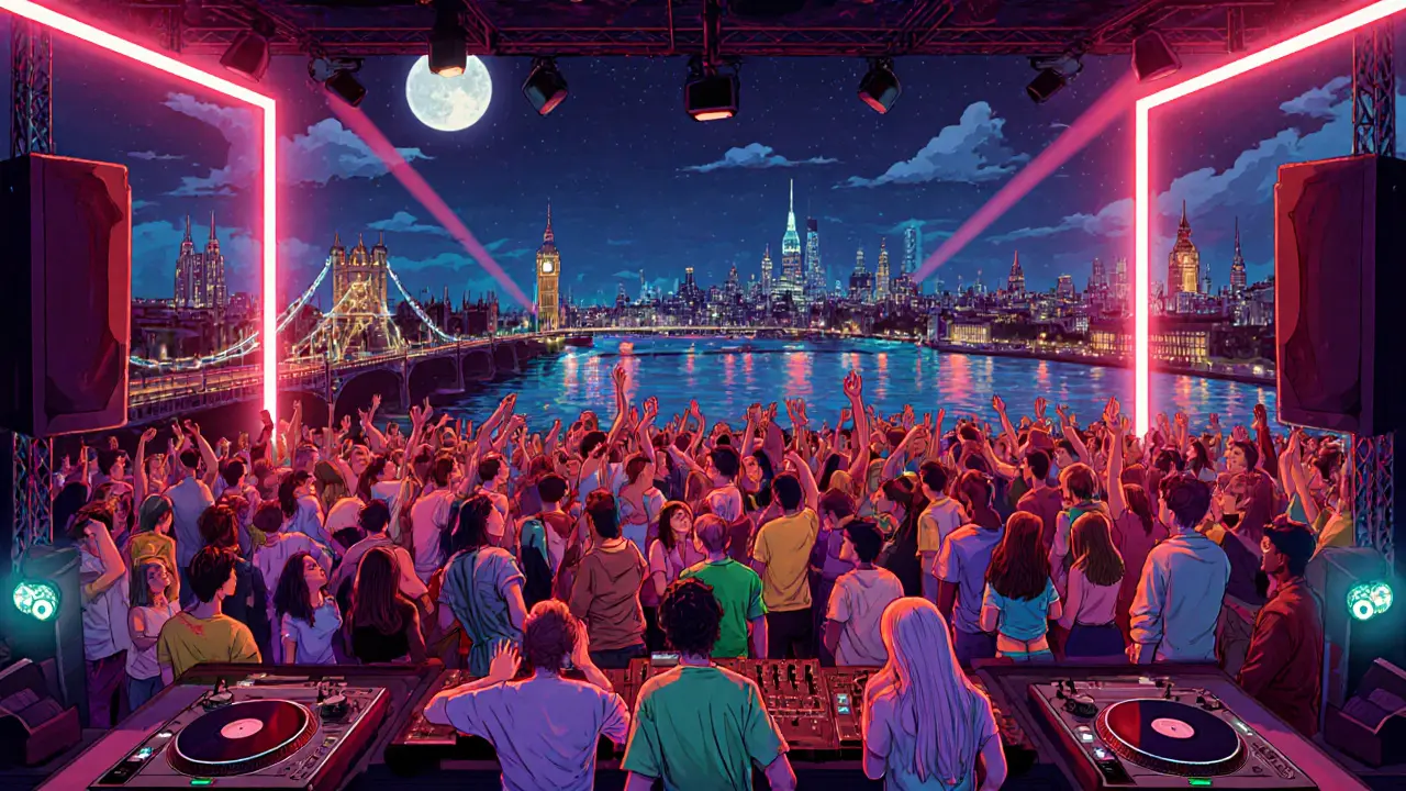 Rooftop club after a DJ set with dancing crowd and neon-lit London skyline.
