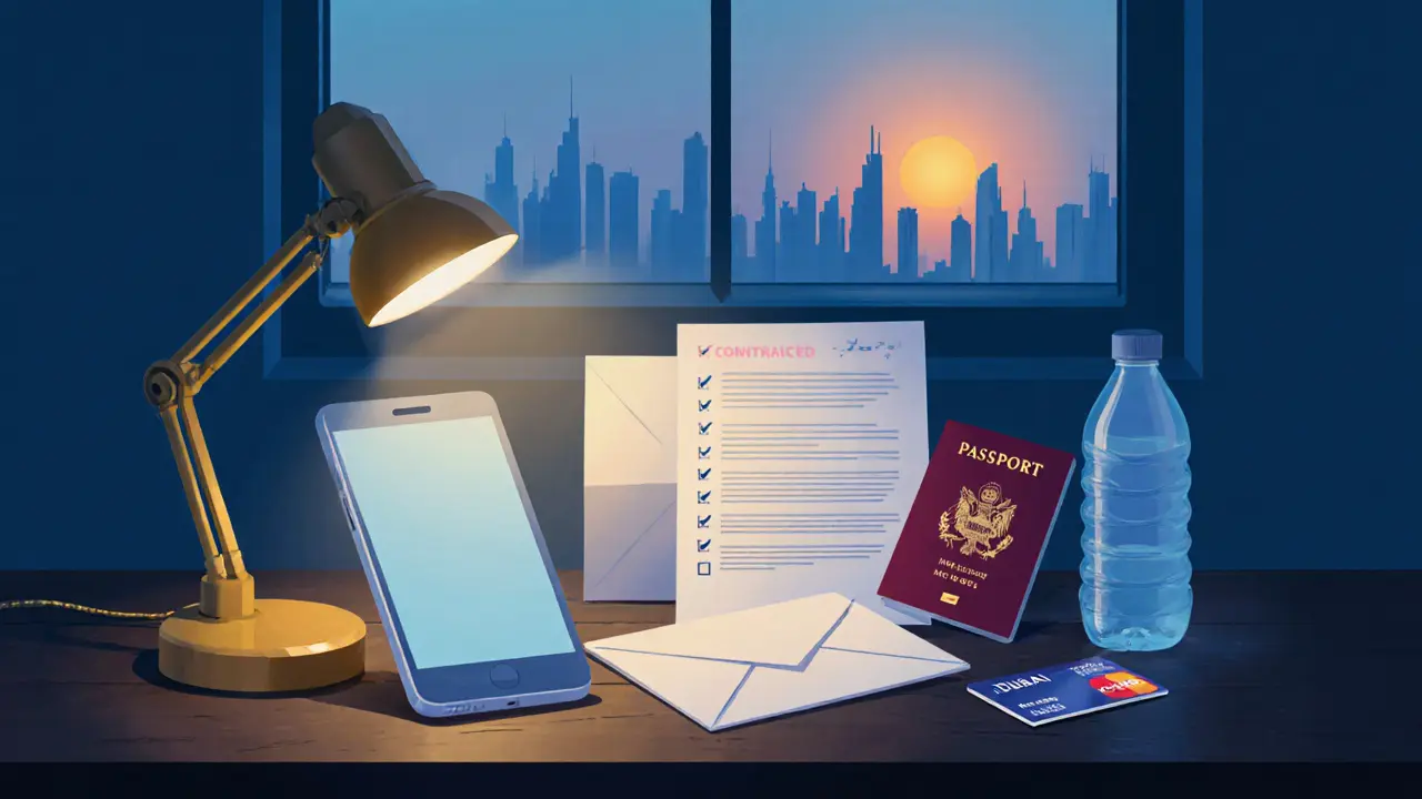 Travel safety kit with phone, checklist, passport and contract on a table, Dubai skyline background.