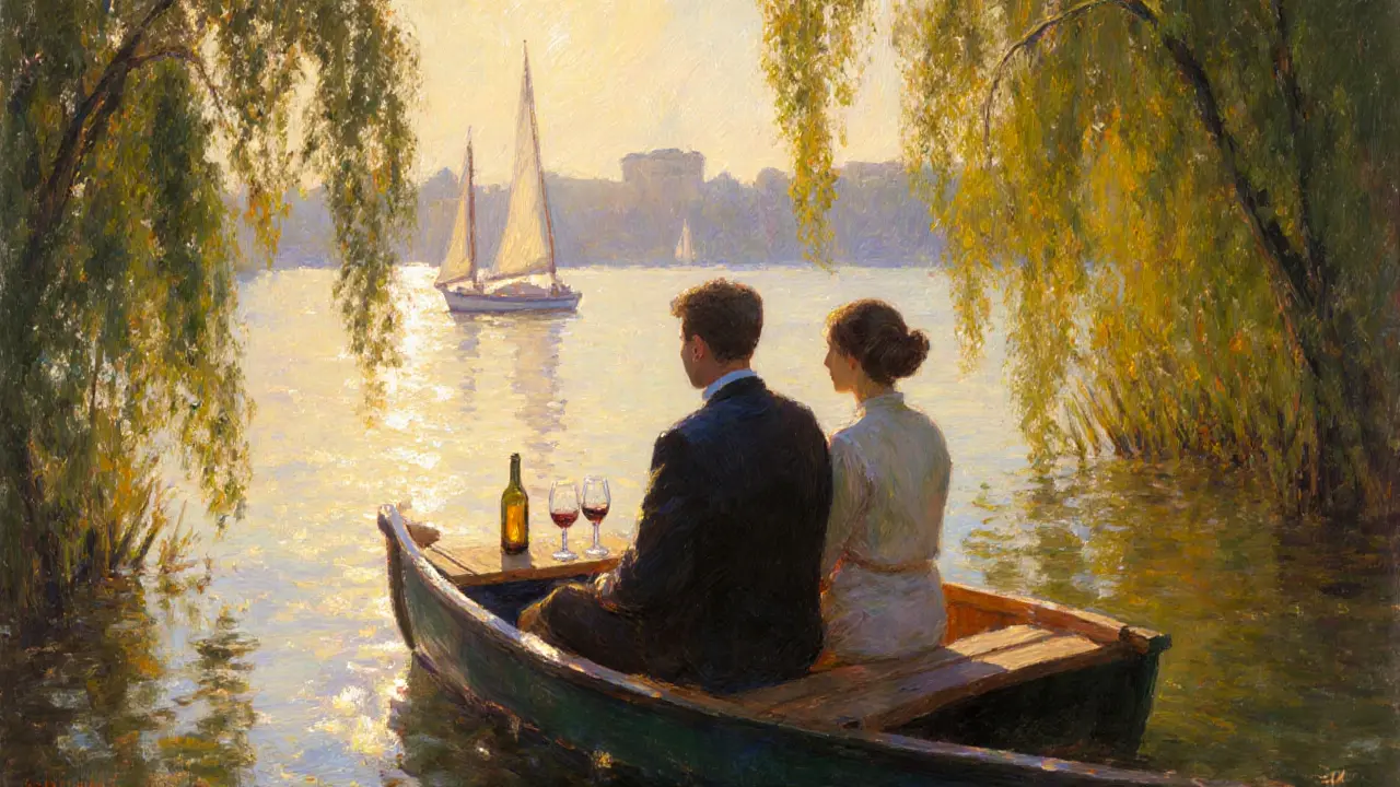 Two people rowing quietly on Wannsee Lake at dusk, surrounded by trees and calm water.