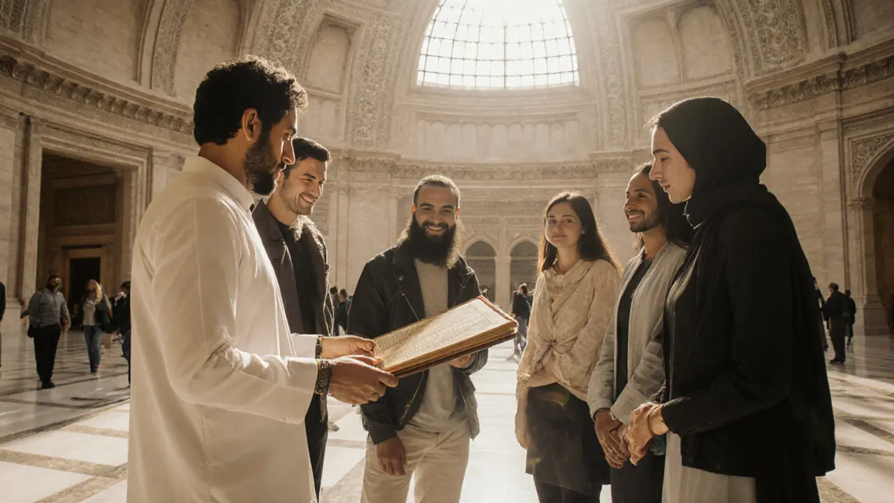Visitors listen attentively to a docent at the Louvre Abu Dhabi, surrounded by art and natural light.