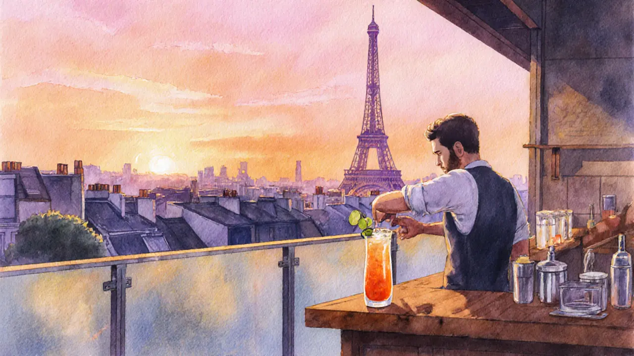 Watercolor of Le Perchoir Terrasse at sunset with glass railings and the Eiffel Tower in the background.
