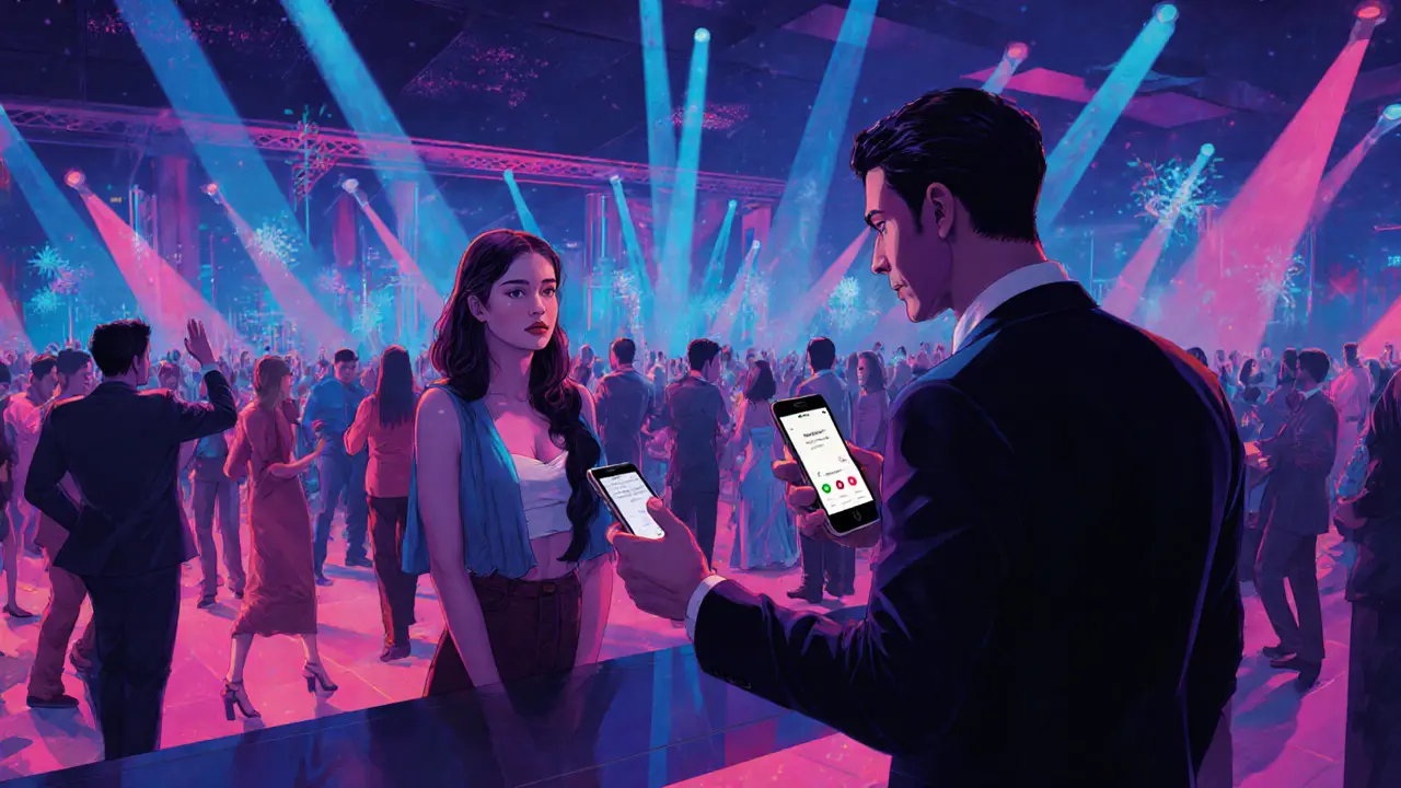 Young woman feeling uneasy with a charismatic escort in a neon‑lit Dubai nightclub.