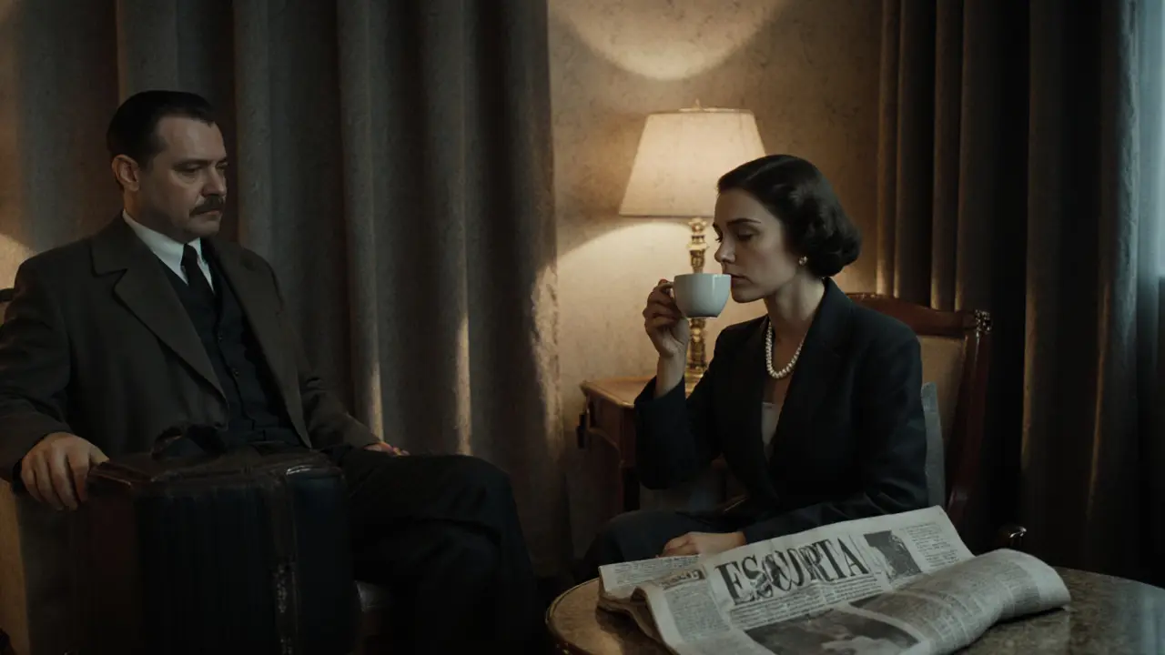 A 1960s Milan hotel room with a businesswoman and client at dusk, newspaper with &#039;Escorta&#039; visible.