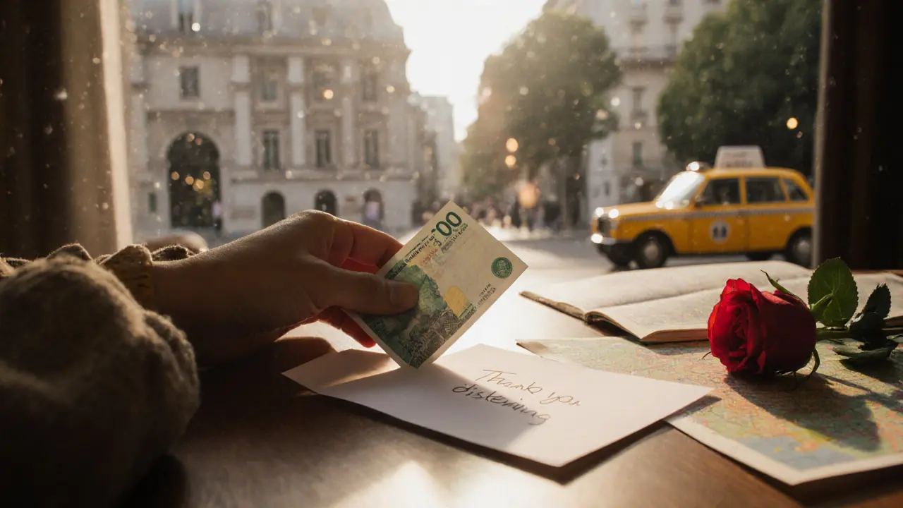 A banknote and rose on a wooden table with a city map, symbolizing respectful companionship in Berlin.