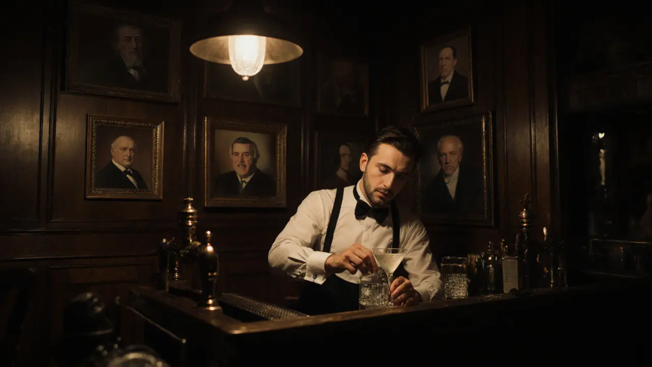 A classic Parisian bar with dark wood and brass, where a bartender hand-chips ice for a martini.