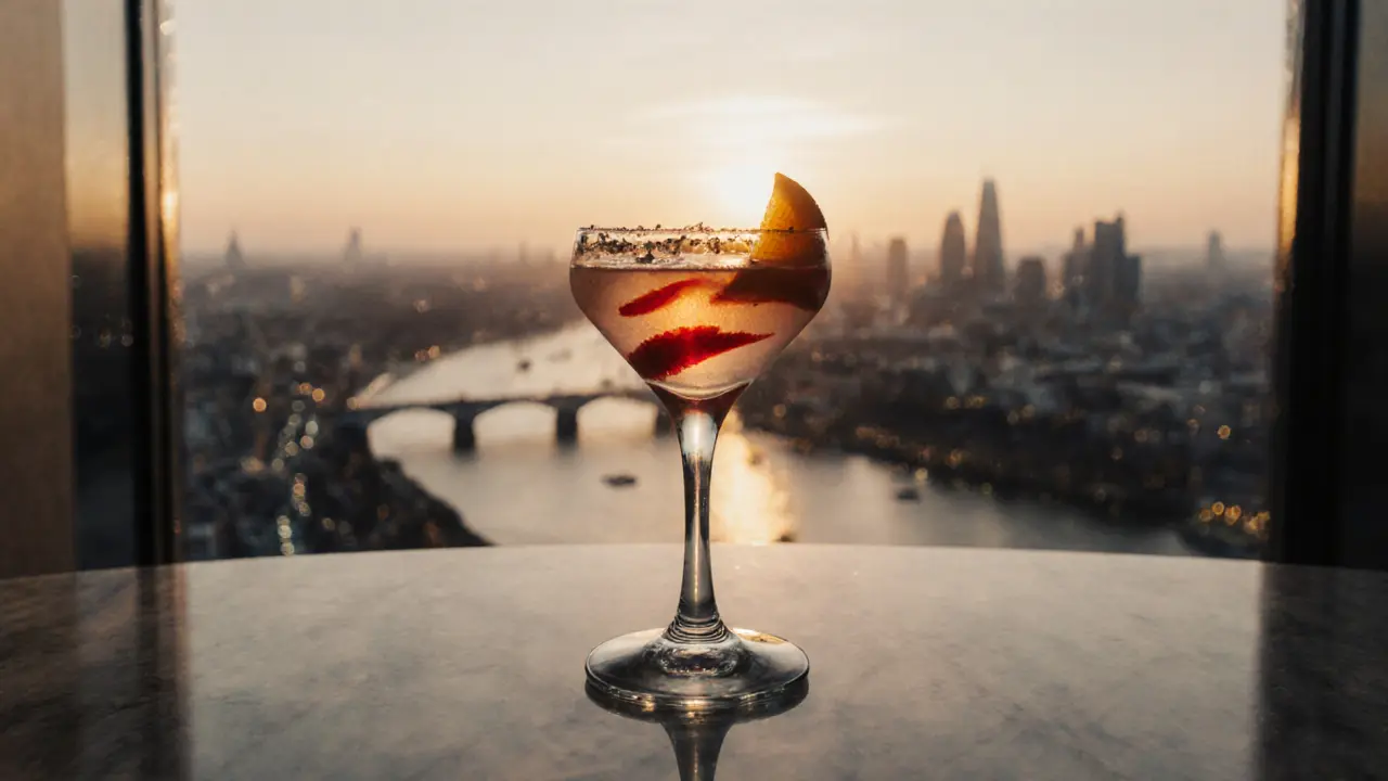 A cocktail glass reflecting the Thames and London skyline at dusk.