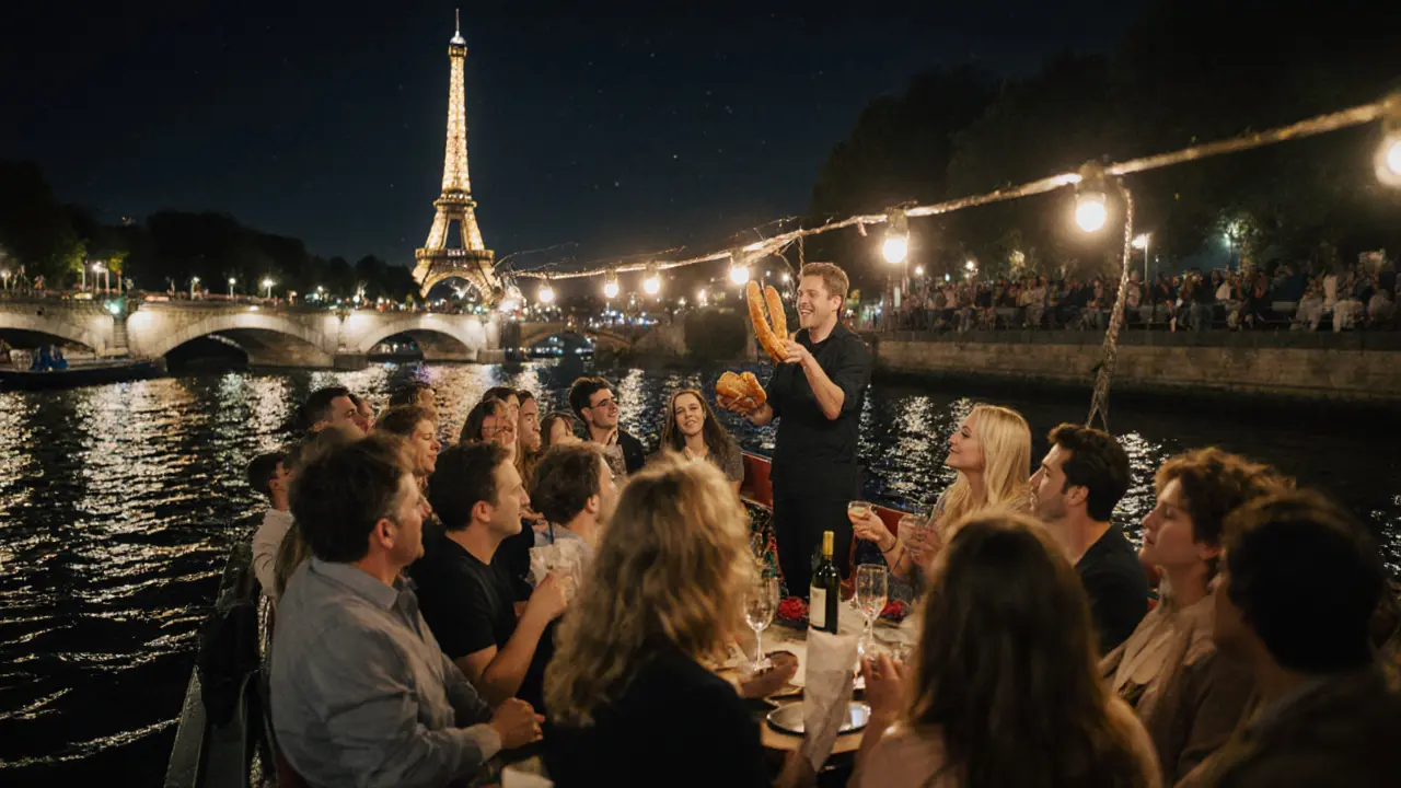 A comedy show on a boat along the Seine with the Eiffel Tower glowing behind the performers.