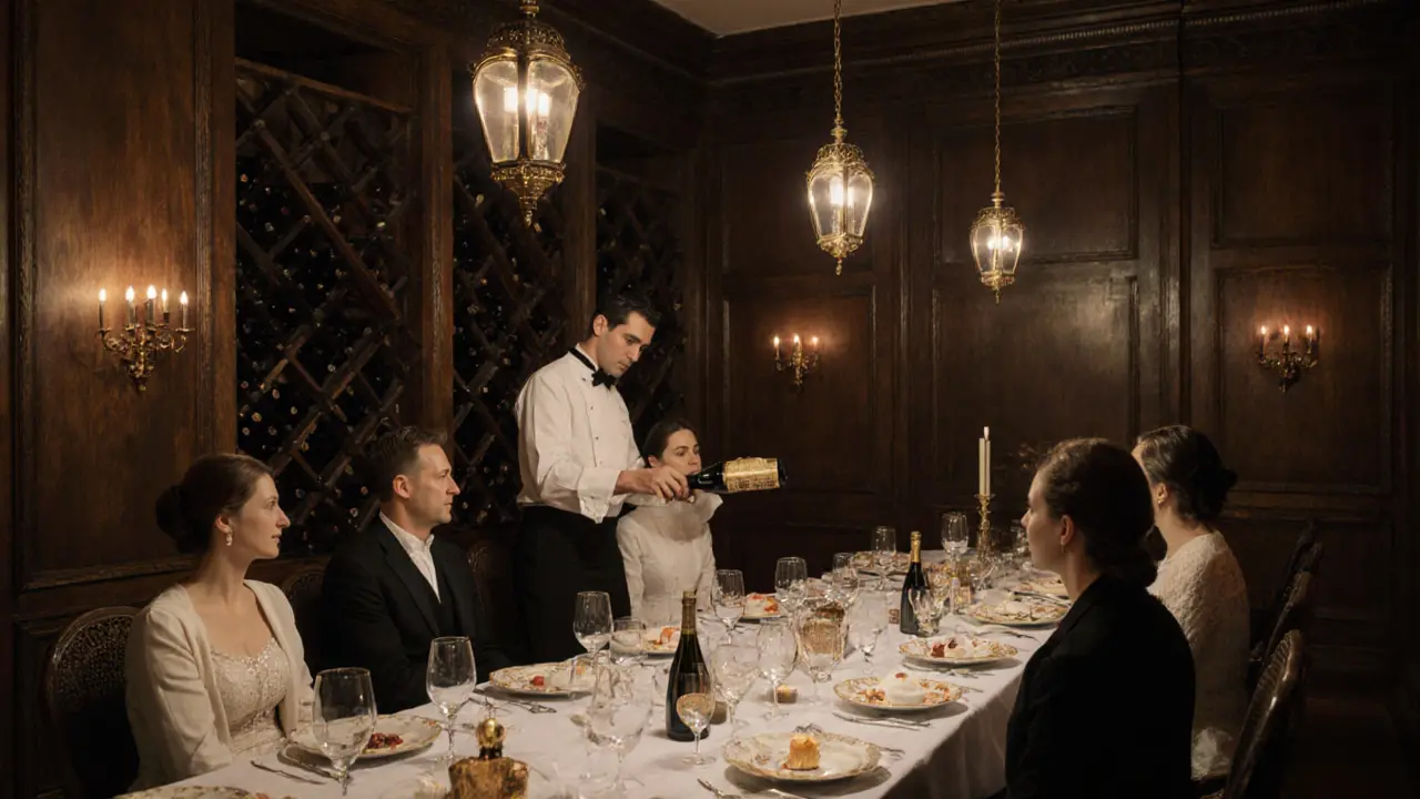 A couple at a secret 10-course dinner in a hidden cellar room, surrounded by antique wine racks and soft lantern light.