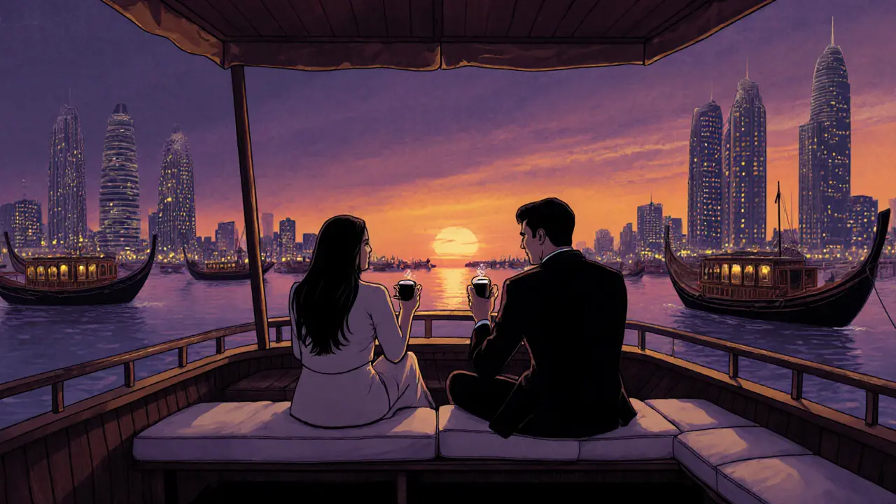 A couple enjoying a peaceful sunset dhow cruise on Dubai Creek, lights reflecting on the water.