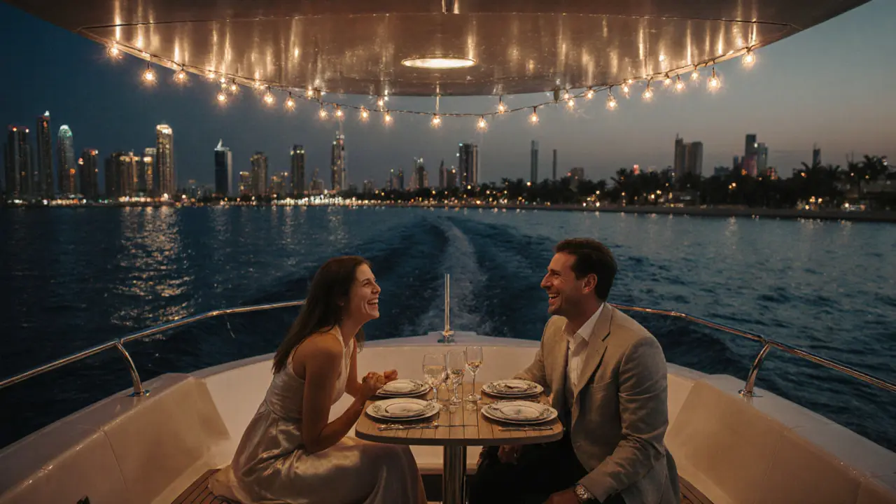 A couple enjoying a private yacht dinner along Dubai’s Palm Jumeirah at sunset, sharing a quiet moment.