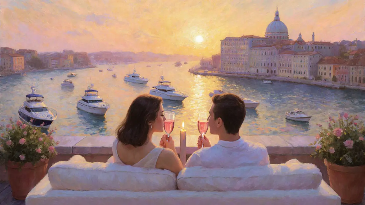 A couple enjoying sunset drinks on a quiet rooftop terrace with views of the harbor.