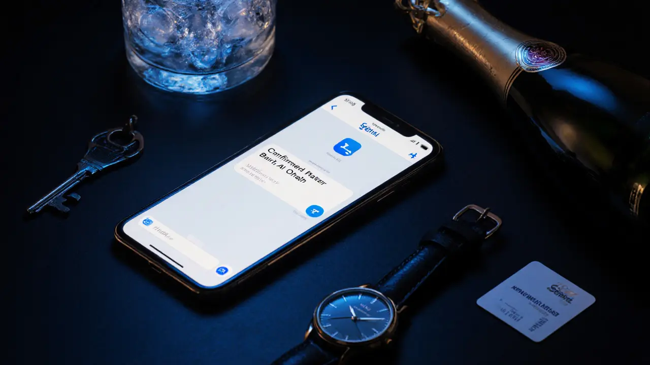 A dark desktop with an encrypted message and luxury items, symbolizing discreet elite companion arrangements in Dubai.