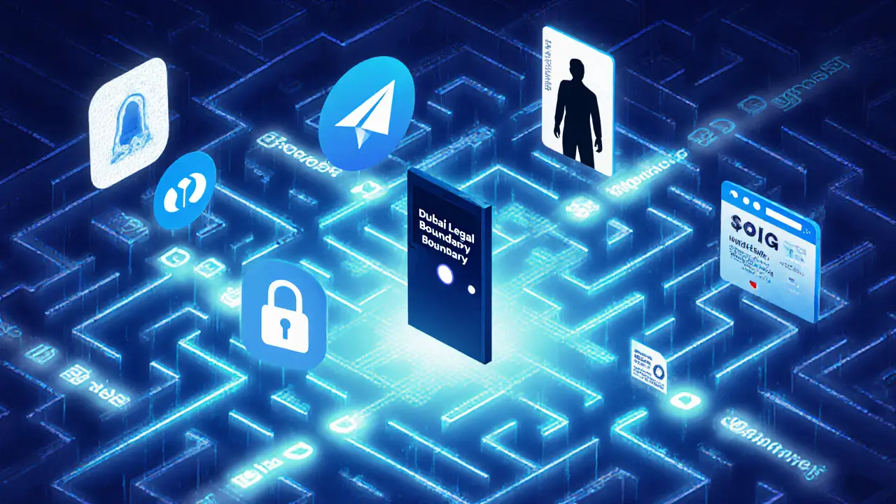 A digital maze of hidden apps and websites leads to a locked door marked with legal warnings, while safe social alternatives glow nearby.