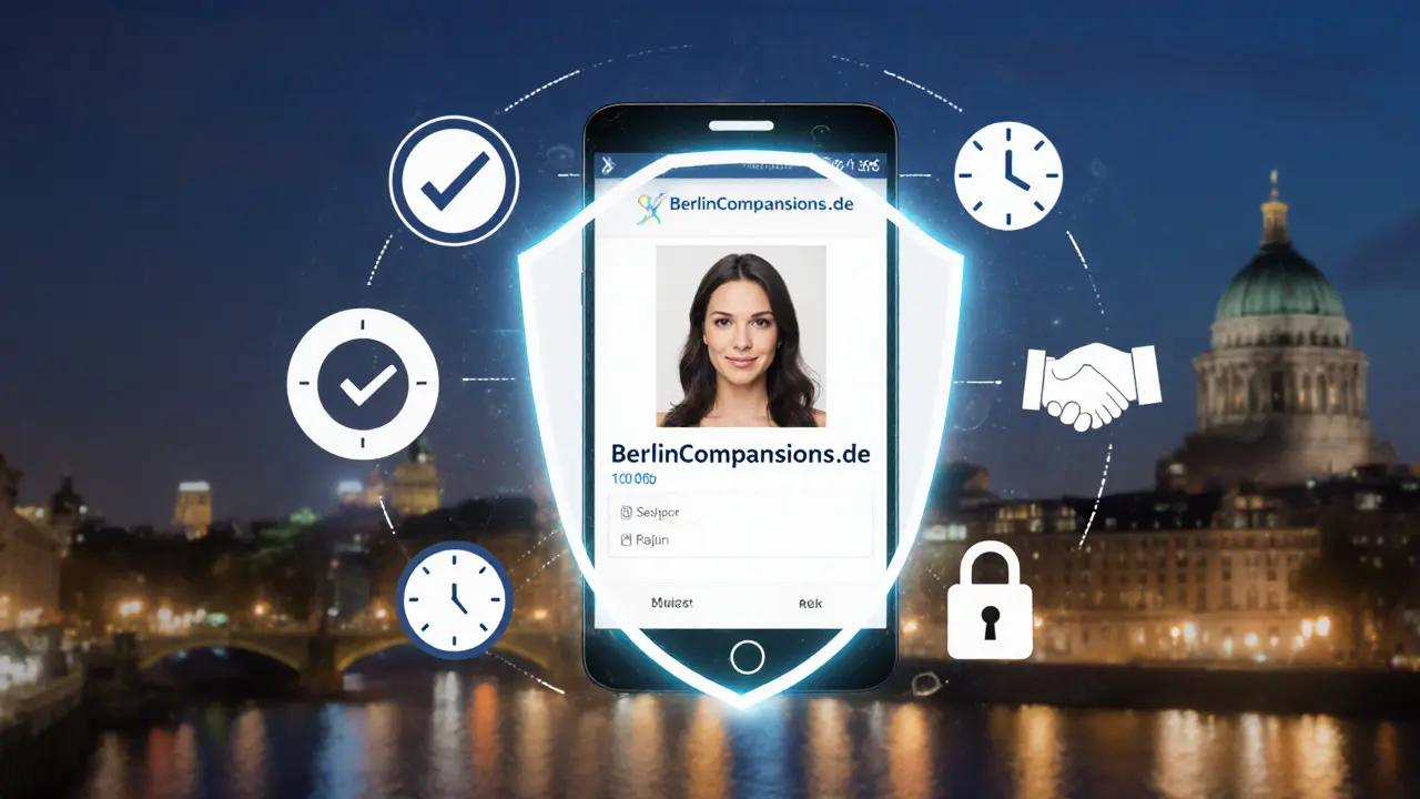 A digital shield protecting a verified escort profile on a trusted Berlin platform, symbolizing safety and trust.