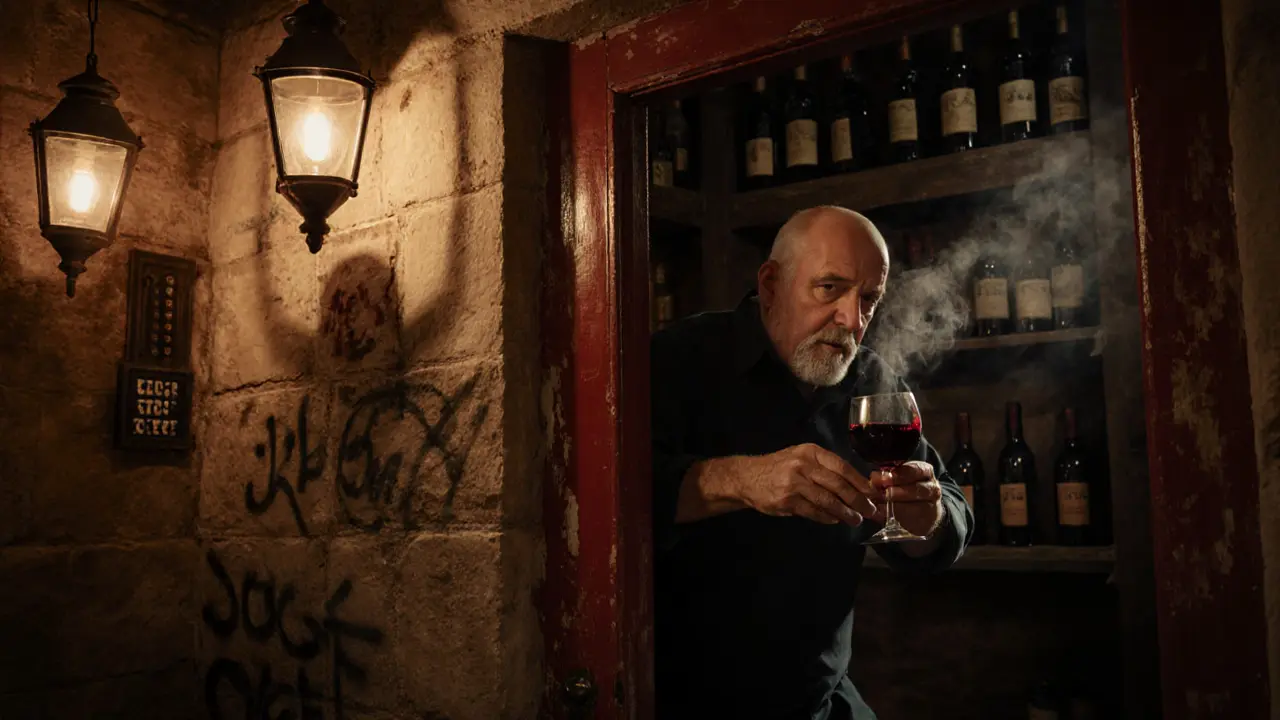 A dimly lit hidden wine bar under Gare de Lyon, with an older man pouring wine from an old bottle.