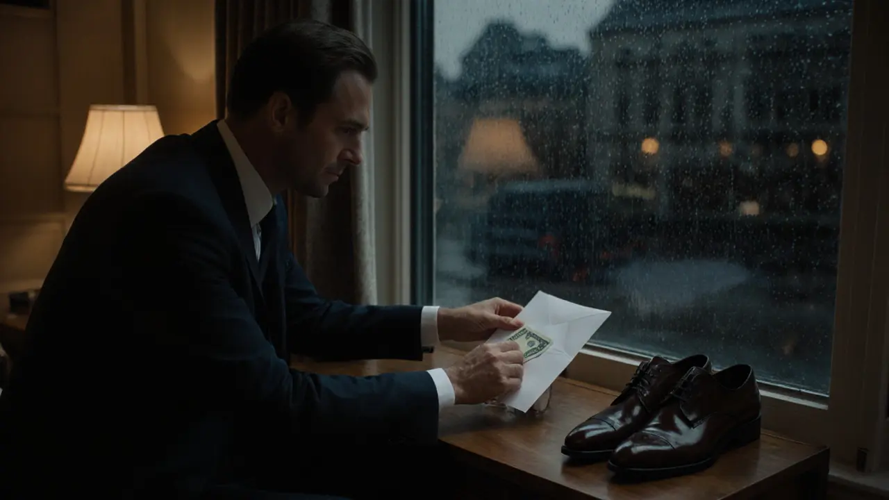 A gentleman thanks an escort with sincerity, leaving cash neatly on a nightstand as rain falls outside.